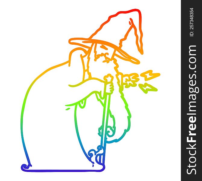 rainbow gradient line drawing of a cartoon wizard