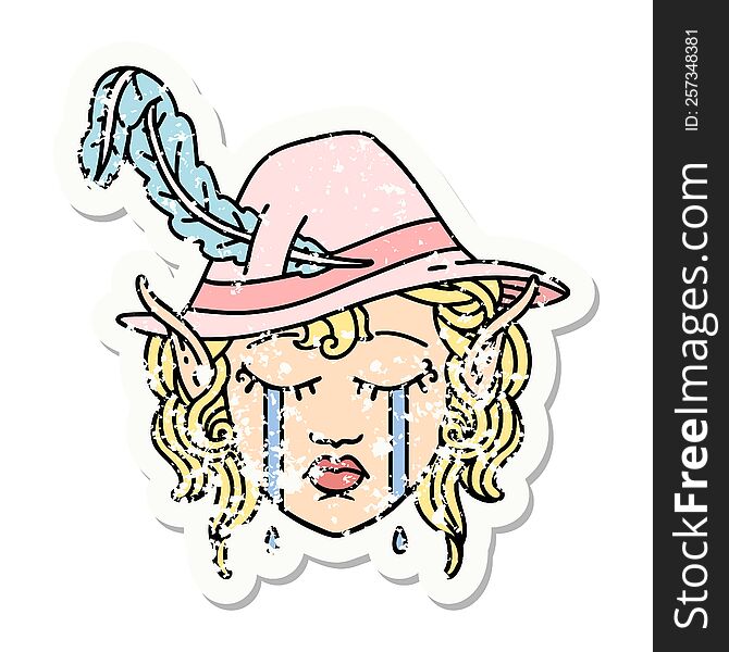grunge sticker of a crying elf bard character face. grunge sticker of a crying elf bard character face
