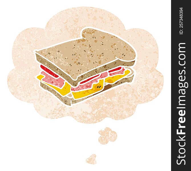 Cartoon Ham Sandwich And Thought Bubble In Retro Textured Style