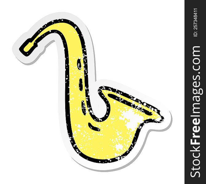 distressed sticker of a cute cartoon musical saxophone