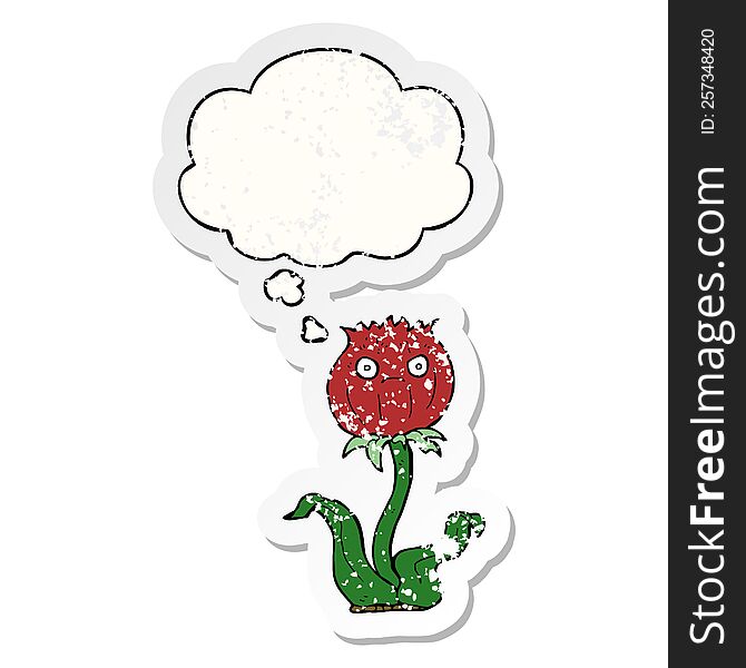 cartoon thistle and thought bubble as a distressed worn sticker