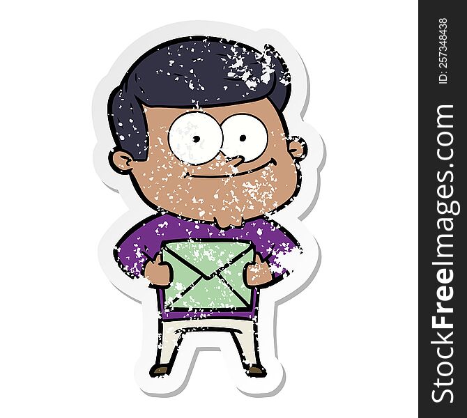 Distressed Sticker Of A Cartoon Happy Man Holding Letter