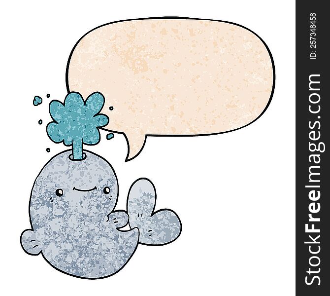 cartoon whale spouting water with speech bubble in retro texture style