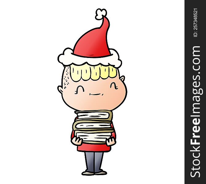 hand drawn gradient cartoon of a friendly boy with books wearing santa hat