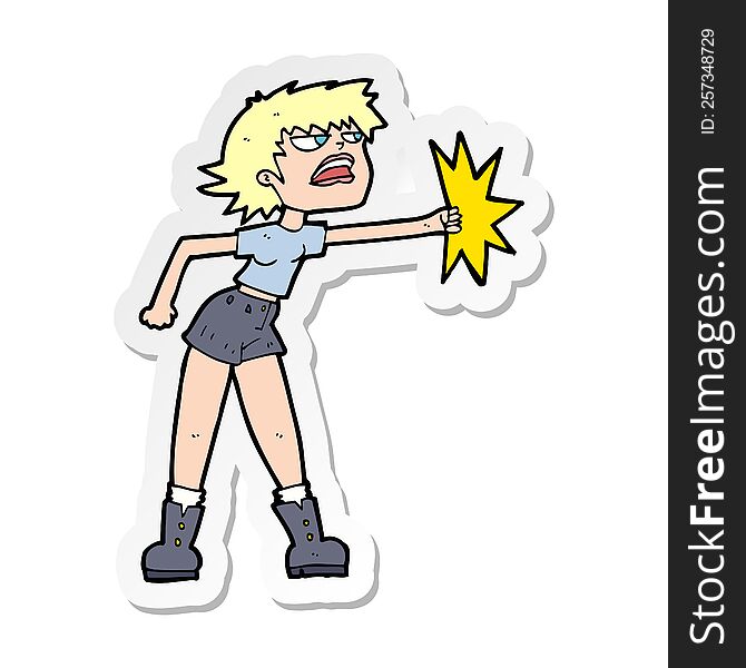 sticker of a cartoon woman punching