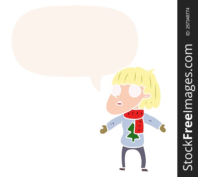 cartoon surprised christmas person with speech bubble in retro style