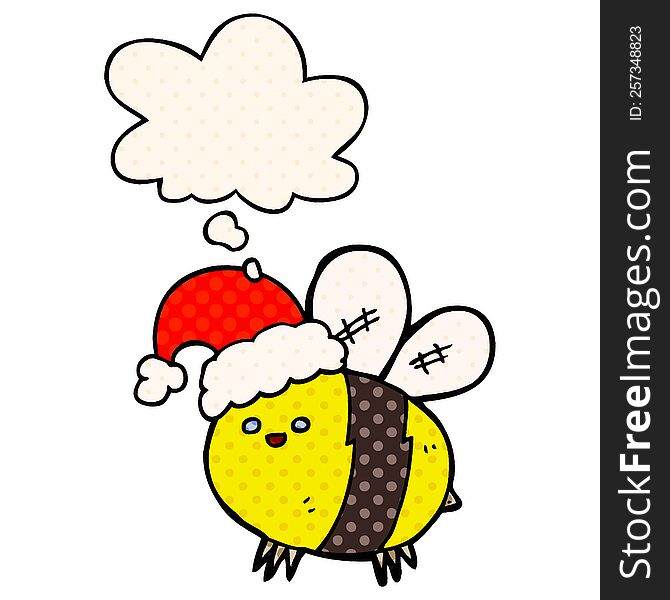 cute cartoon bee wearing christmas hat with thought bubble in comic book style