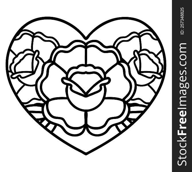 tattoo in black line style of a heart and flowers. tattoo in black line style of a heart and flowers