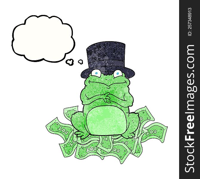 freehand drawn thought bubble textured cartoon rich frog in top hat