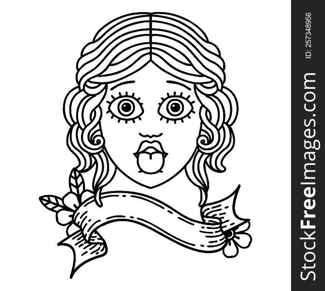 traditional black linework tattoo with banner of female face sticking out tongue