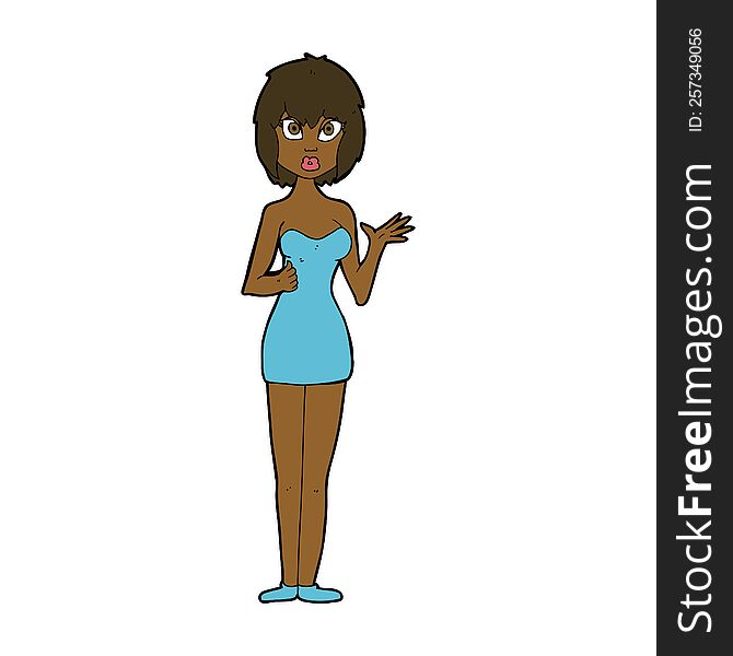 cartoon confused woman in cocktail dress