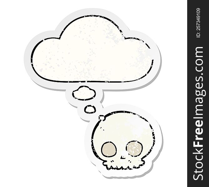 Cartoon Skull And Thought Bubble As A Distressed Worn Sticker