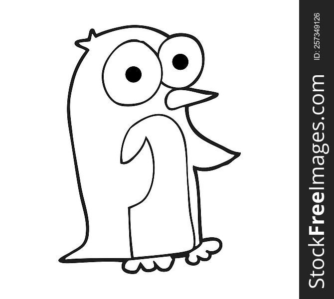 freehand drawn black and white cartoon penguin with big eyes