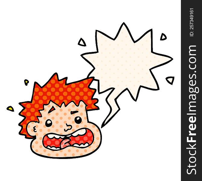 cartoon frightened face with speech bubble in comic book style