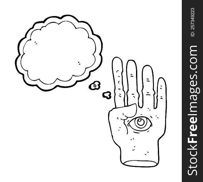 freehand drawn thought bubble cartoon spooky hand with eyeball