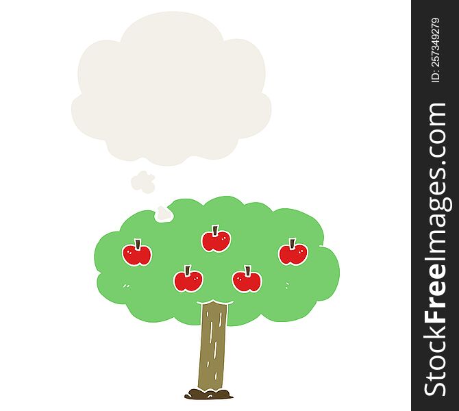 cartoon apple tree with thought bubble in retro style