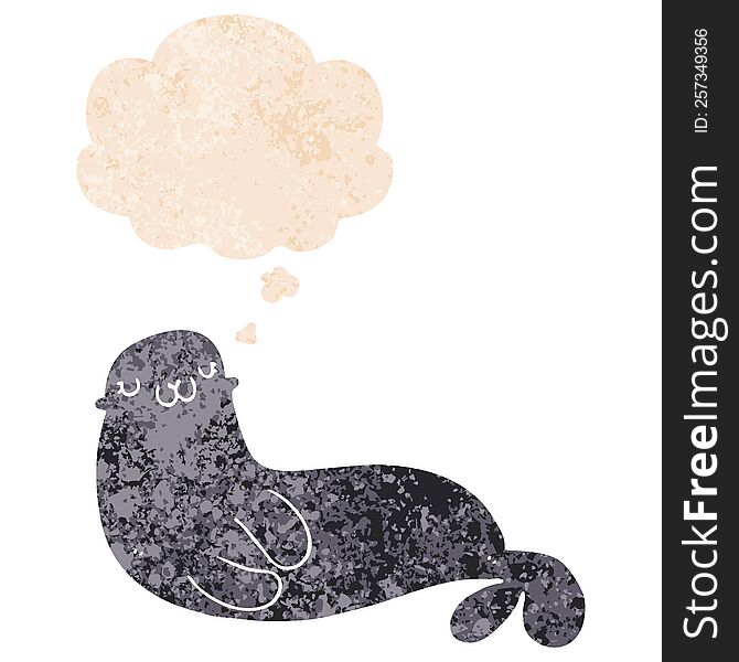 Cute Cartoon Seal And Thought Bubble In Retro Textured Style