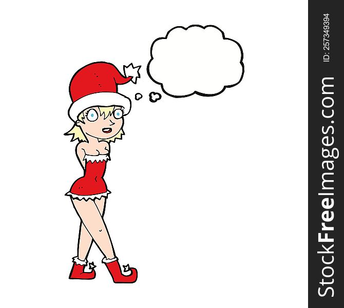 cartoon woman in christmas elf costume with thought bubble