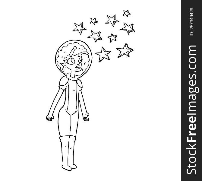 freehand drawn black and white cartoon alien space girl