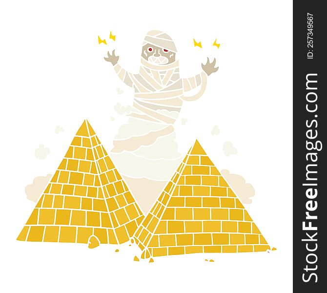 flat color style cartoon mummy and pyramids