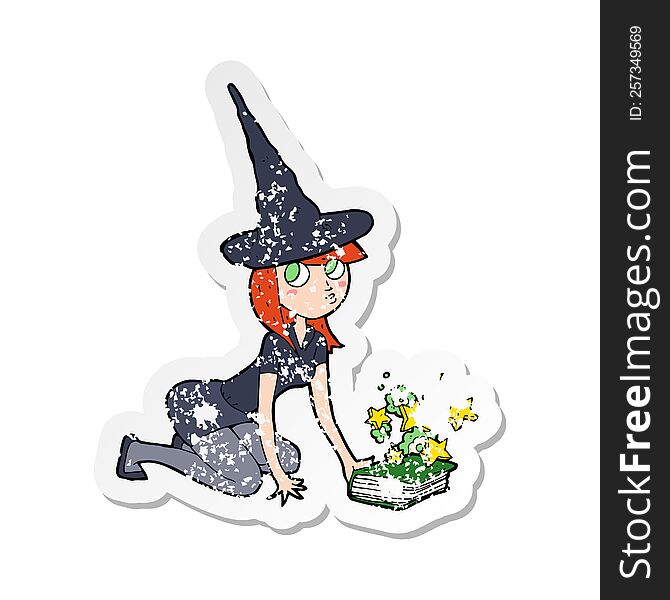 retro distressed sticker of a cartoon witch and spell book
