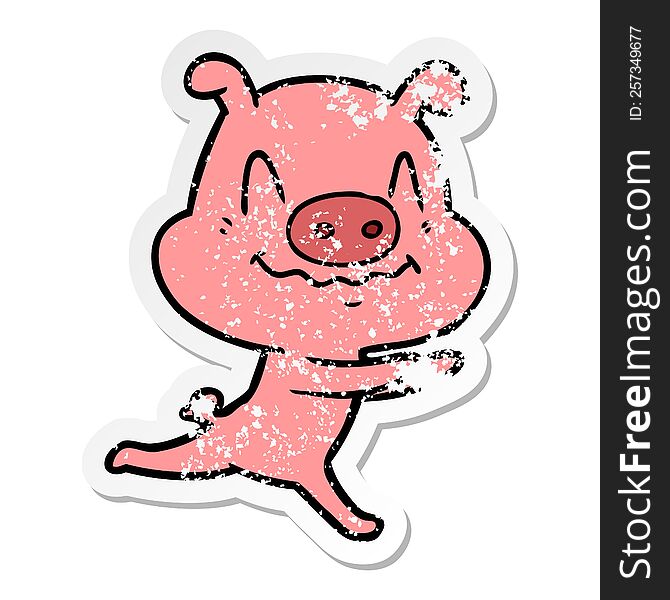 Distressed Sticker Of A Nervous Cartoon Pig Running