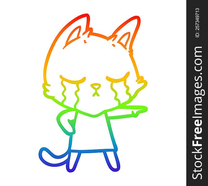 rainbow gradient line drawing of a crying cartoon cat in dress pointing