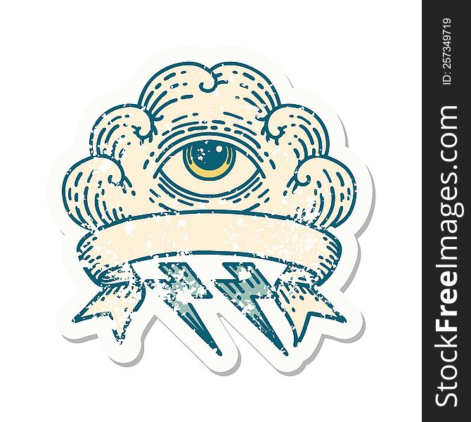 worn old sticker with banner of an all seeing eye cloud. worn old sticker with banner of an all seeing eye cloud