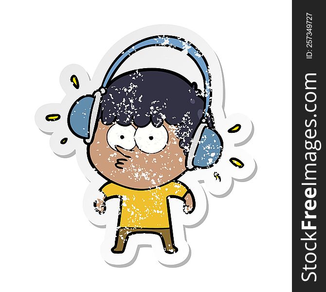 distressed sticker of a cartoon boy listening to headphones