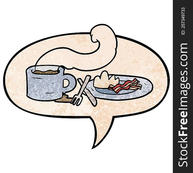 cartoon breakfast of coffee and bacon with speech bubble in retro texture style