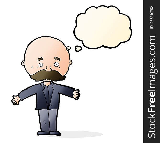 Cartoon Bald Man With Open Arms With Thought Bubble