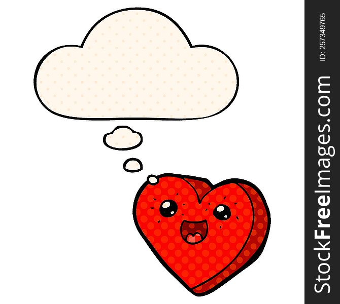 heart cartoon character with thought bubble in comic book style