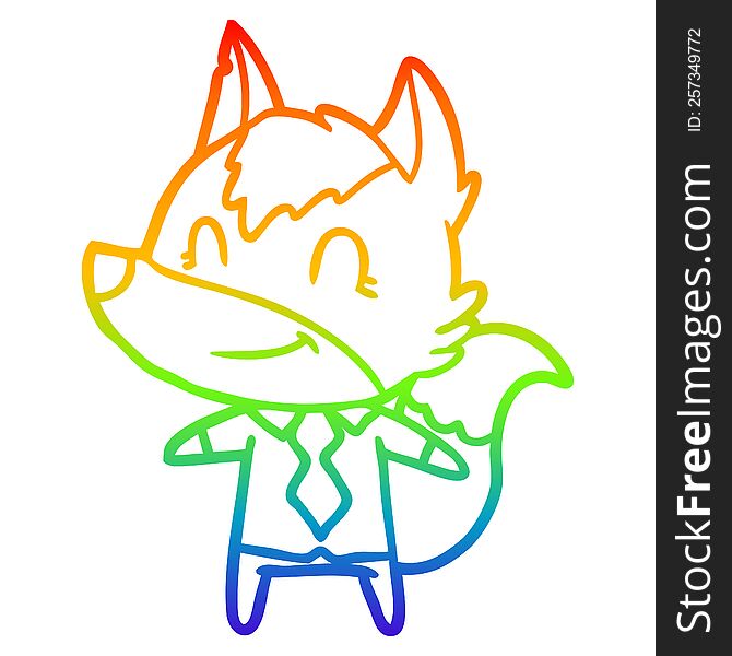 rainbow gradient line drawing of a friendly cartoon wolf office worker