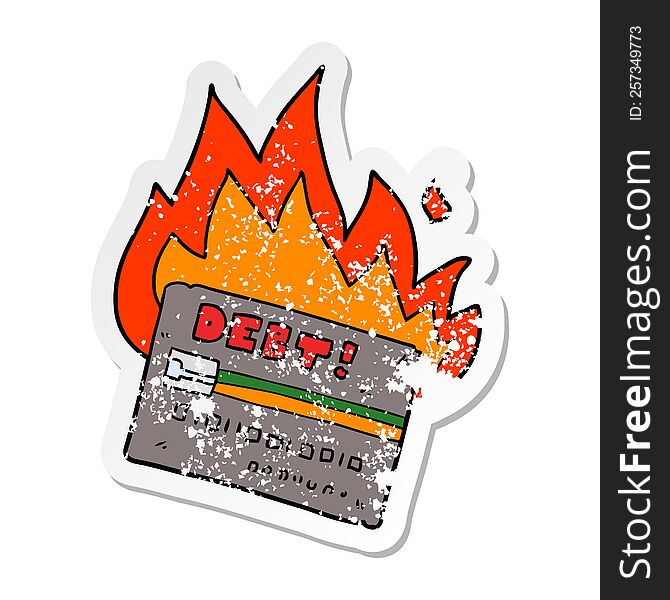 distressed sticker of a burning credit card cartoon
