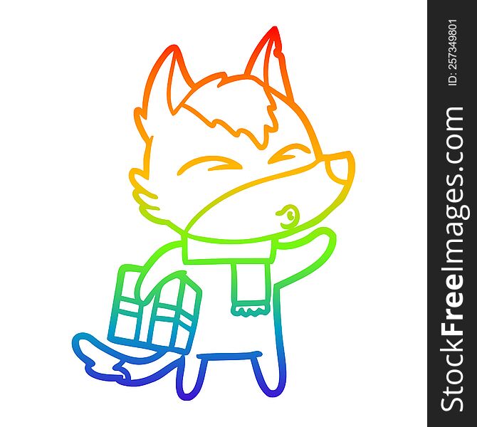 rainbow gradient line drawing of a cartoon christmas wolf whistling