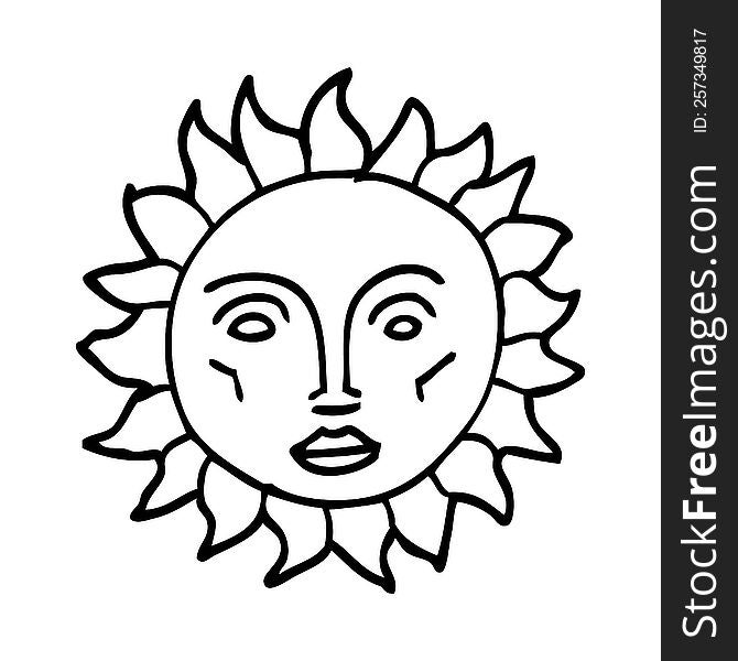 line drawing cartoon traditional sun face