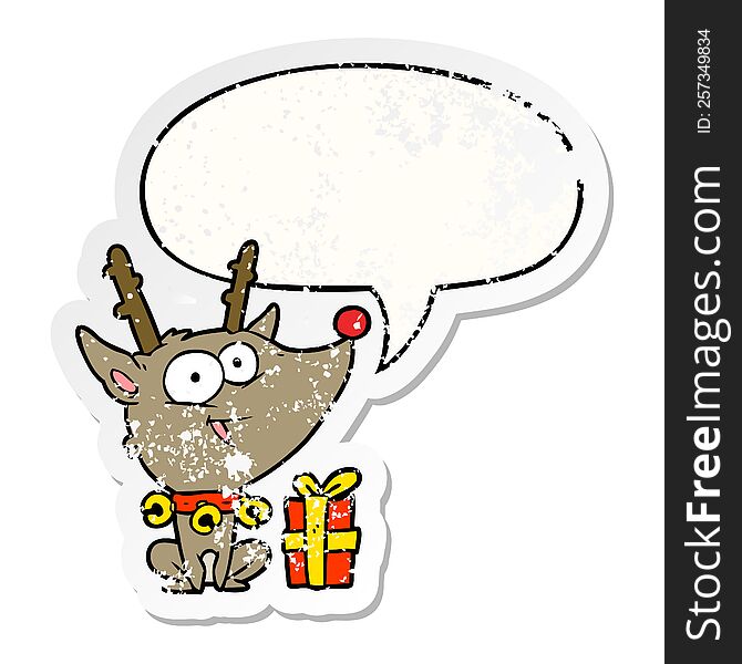 Cartoon Christmas Reindeer And Speech Bubble Distressed Sticker