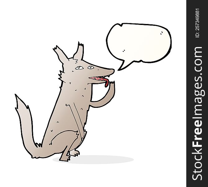 cartoon wolf licking paw with speech bubble