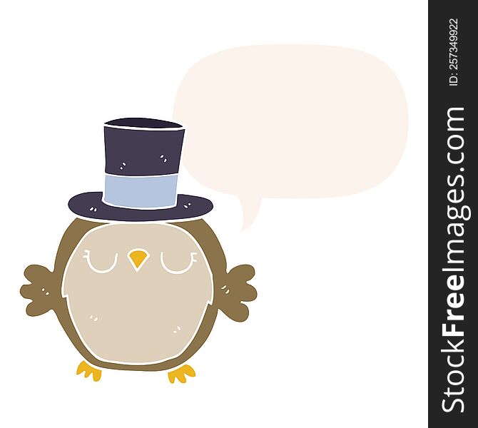 cartoon owl wearing top hat with speech bubble in retro style