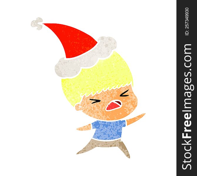 hand drawn retro cartoon of a stressed man wearing santa hat