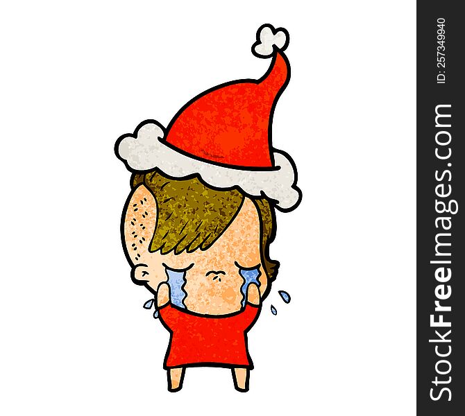 hand drawn textured cartoon of a crying girl wearing santa hat