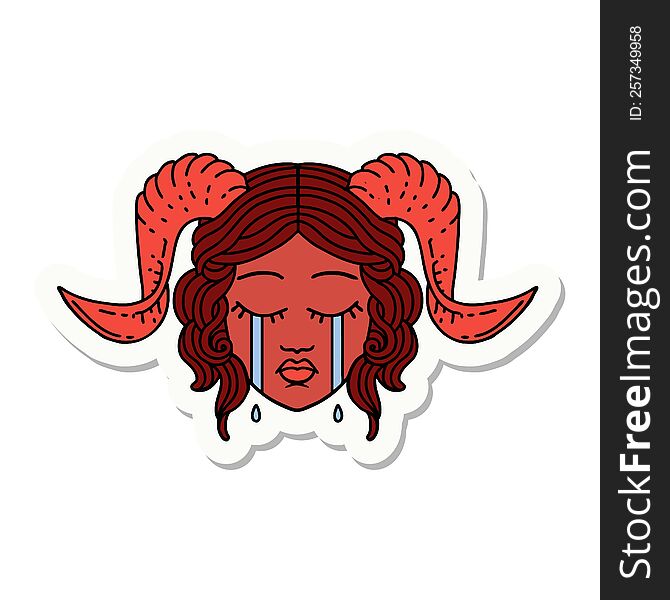 sticker of a crying tiefling character face. sticker of a crying tiefling character face