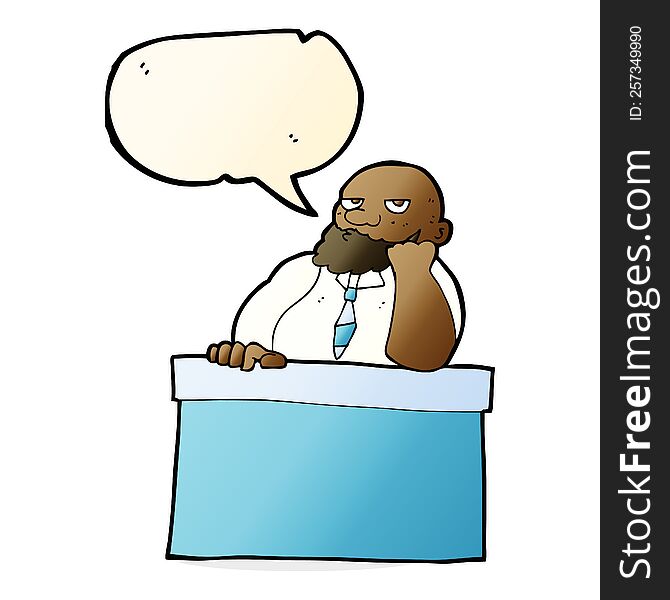 cartoon bored man at desk with speech bubble