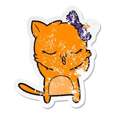Distressed Sticker Of A Cartoon Cat With Bow On Head Stock Photo