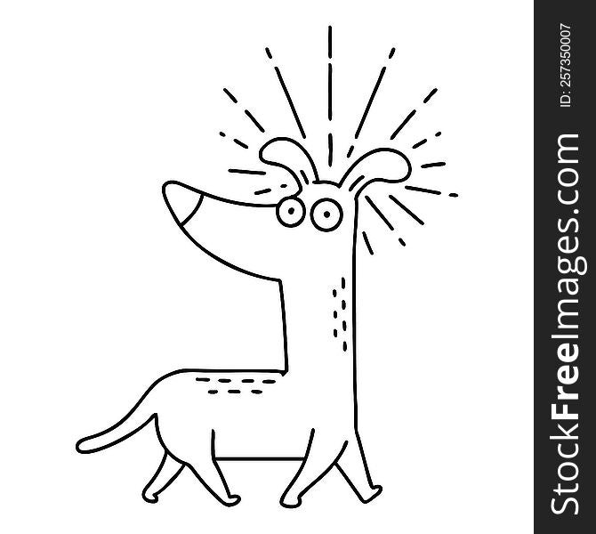 illustration of a traditional black line work tattoo style surprised dog