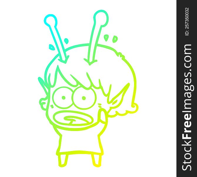 cold gradient line drawing of a cartoon shocked alien girl