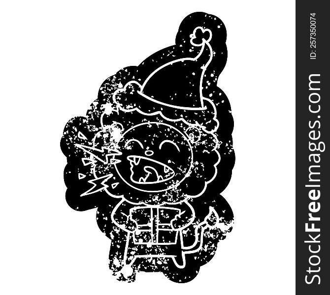 Cartoon Distressed Icon Of A Roaring Lion With Gift Wearing Santa Hat