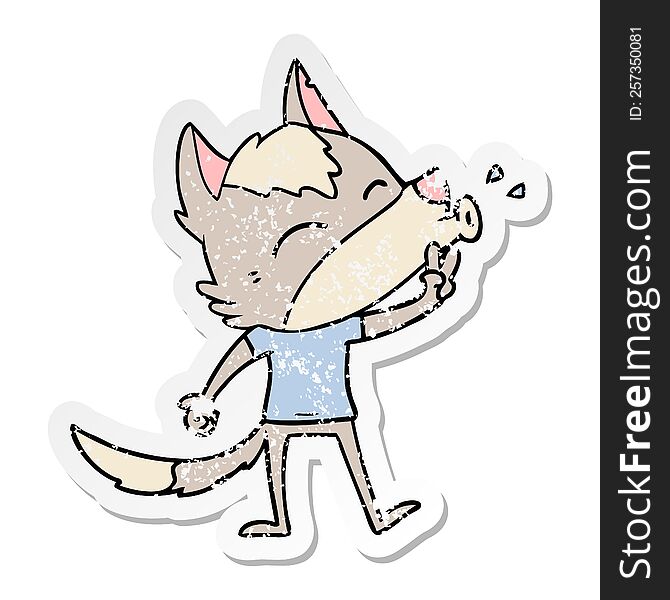 distressed sticker of a howling cartoon wolf wearing clothes