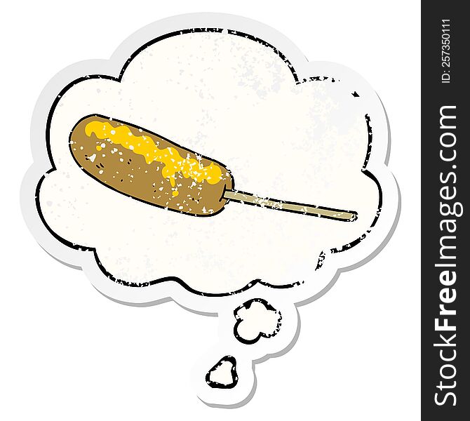 cartoon hotdog on a stick with thought bubble as a distressed worn sticker