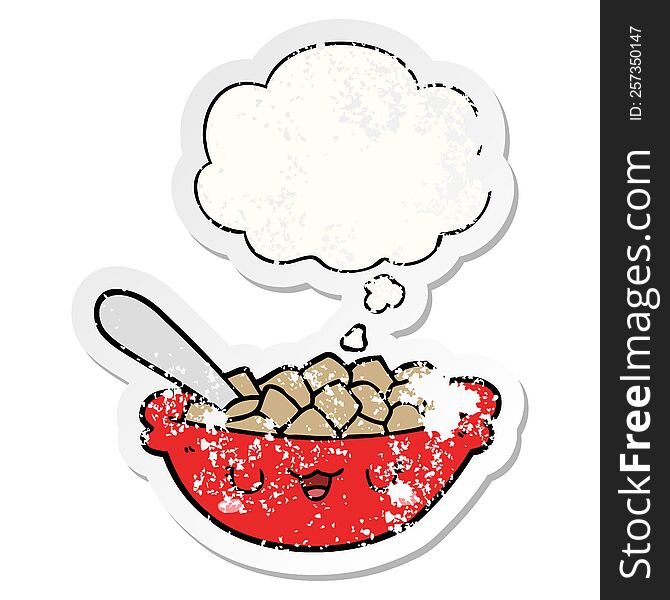 Cute Cartoon Bowl Of Cereal And Thought Bubble As A Distressed Worn Sticker